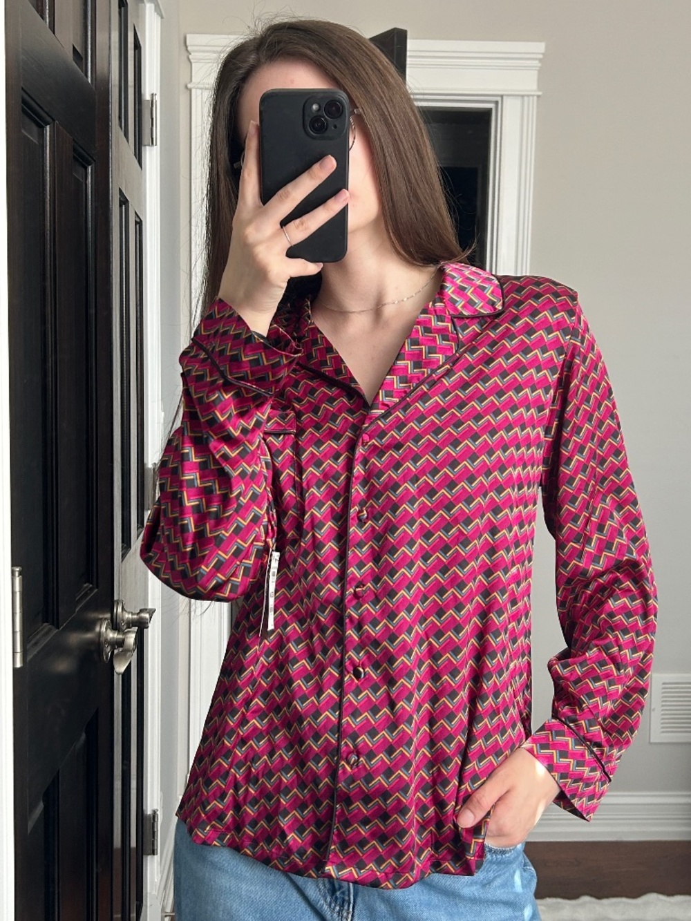 INC International Concepts Satin Pajama Top Geometric Print Pink Black Size M NW
